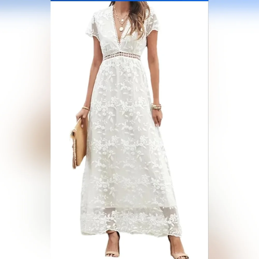 Women’S Summer V-Neck Short Sleeve Lace Hook-Floral Dress Chiffon Fabric Sze L - Picture 1 of 6